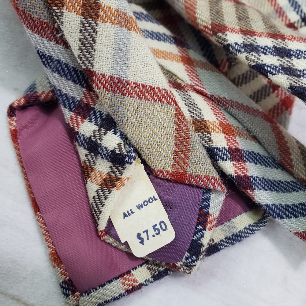 🌞SOLD🌞Vintage Rooster Ruffler Collection Plaid Wool Tie Necktie Red Blue Beige - Picture 7 of 8